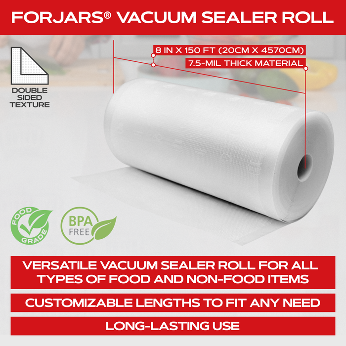 Forjars® Vacuum Sealer Roll - 8 in x 150 ft - Textured on Both Sides, 7.5 Mil Thickness