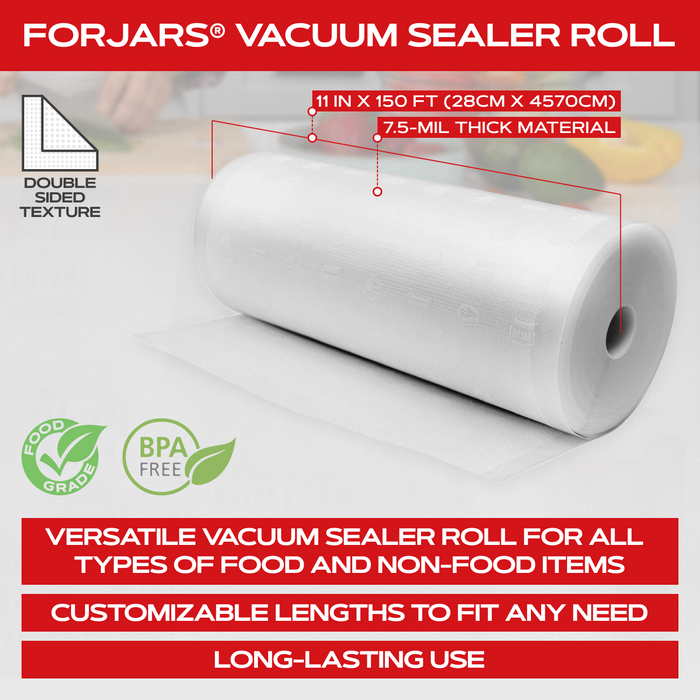 Forjars® Vacuum Sealer Roll 11 in x 150 ft - Textured on Both Sides, 7.5 Mil Thickness