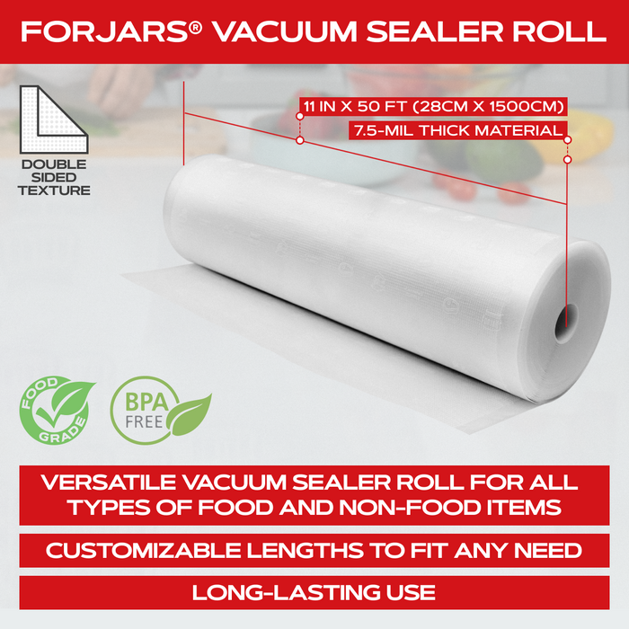 Forjars® Vacuum Sealer Roll 11 in x 50 ft - Textured on Both Sides, 7.5 Mil Thickness