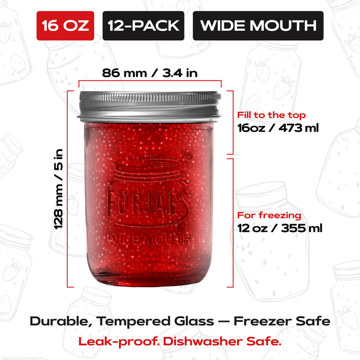 FORJARS® Premium Mason Jars – 32 oz (12-Pack) | Wide Mouth Glass Canning Jars