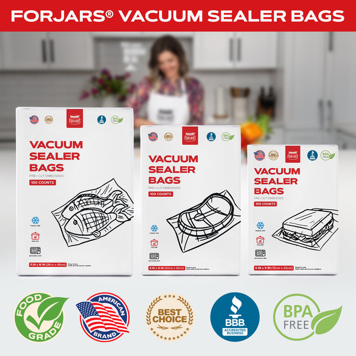 Forjars® 100 Count 8x12 Vacuum Sealer Bags - Textured on Both Sides, 7.5 Mil Thickness