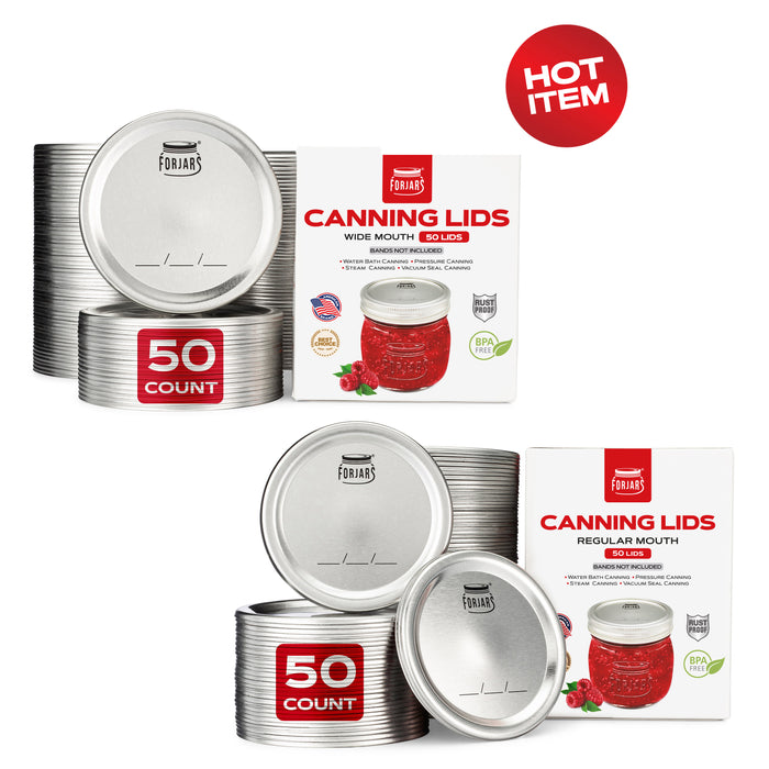 Forjars® - 100 Count: 50 Regular Mouth + 50 Wide Mouth Canning Lids