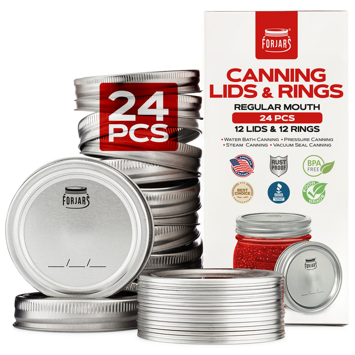 Forjars® - 12 Regular Mouth Canning Lids & 12 Rings
