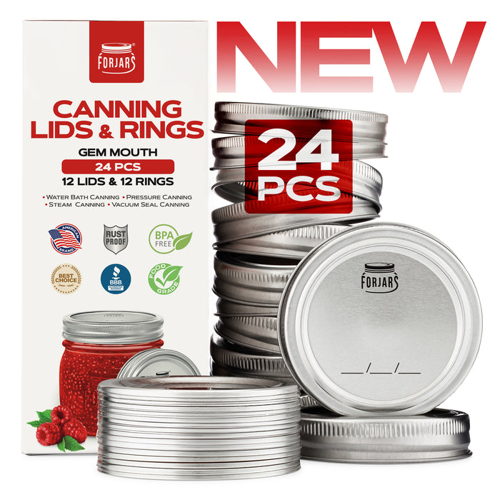 Forjars®- 12 Gem Mouth Canning Lids & 12 Rings
