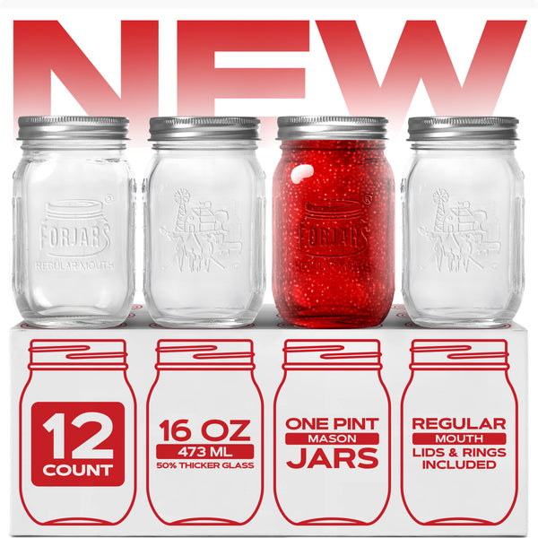 FORJARS® Premium Mason Jars – 16 oz (12-Pack) | Regular Mouth Glass Canning Jars