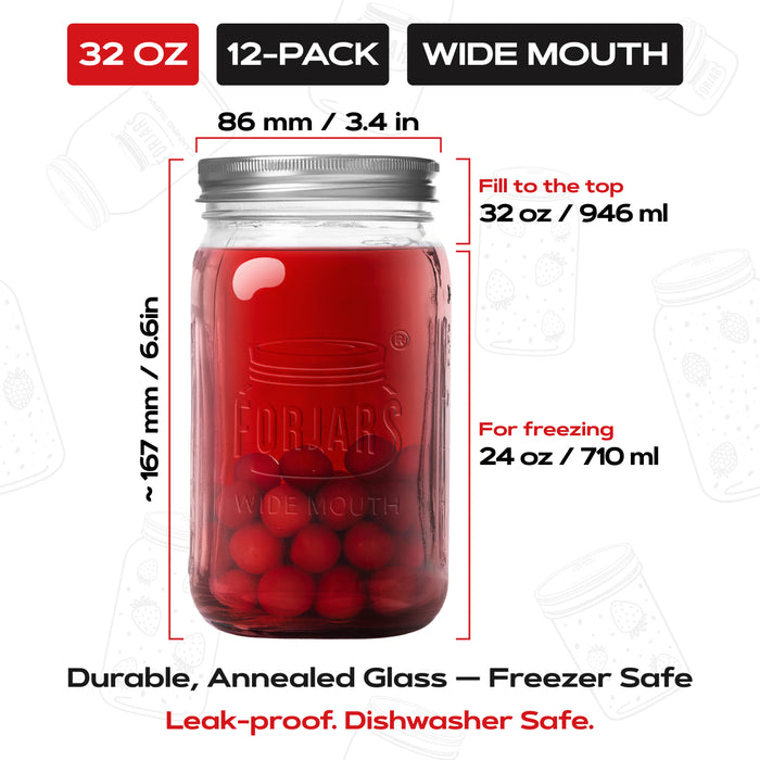 Premium Mason Jars – 32 oz (12-Pack) | Wide Mouth Glass Canning Jars
