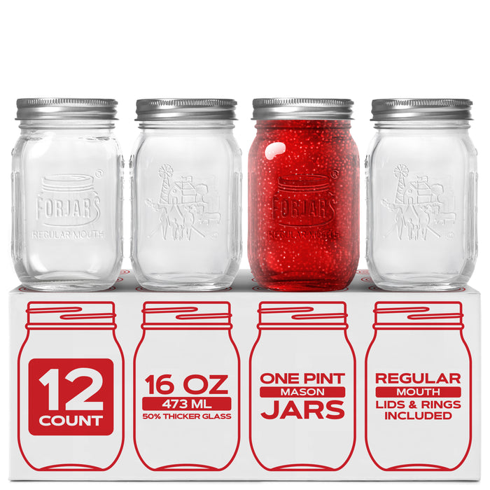 FORJARS® Premium Mason Jars – 16 oz (12-Pack) | Regular Mouth Glass Canning Jars