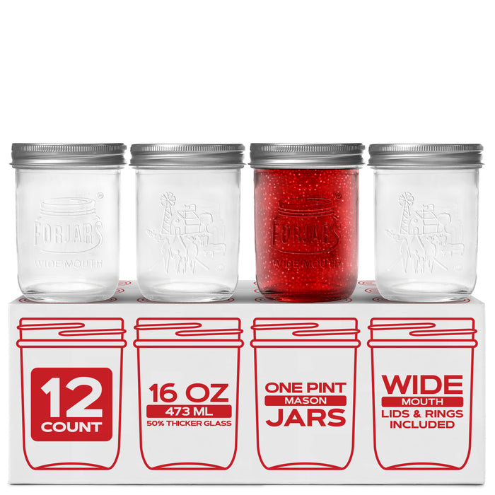 Premium Mason Jars – 16 oz (12-Pack) | Wide Mouth Glass Canning Jars